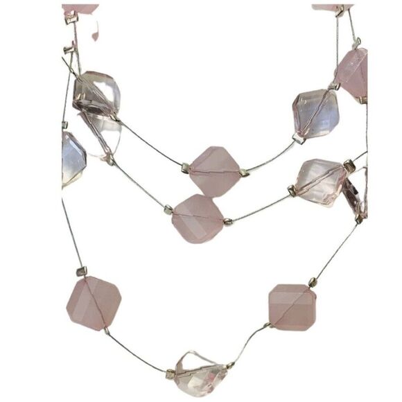 Vintage Pink Clear & Opaque Pink Faceted Beaded Silver Tone Layered Necklace - Picture 3 of 7
